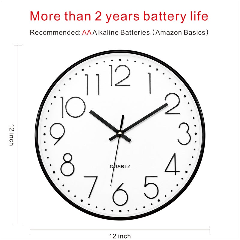 Foxtop Black Wall Clock 12 Inch Silent Non Ticking Quartz Battery Operated Round Clock Easy to Read for Office Classroom School Home Living Room Bedroom Kitchen Decor - Image 2